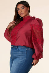 MOCK NECK SHEER LACE LANTER LONG SLEVE TOP.